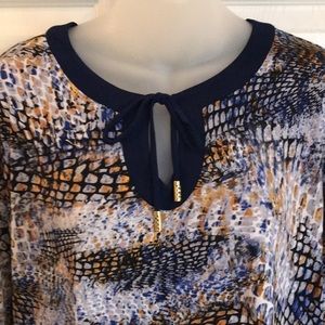 Susan Graver blue and gold snake print blouse with blue trim XL